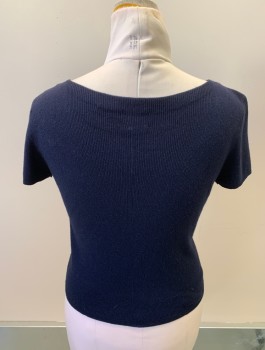 Womens, Top, TSE CASHMERE, Navy Blue, Silk, Cashmere, Solid, B34, M, S/S, Boat Neck, Rib Knit