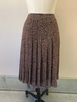 Womens, Skirt, Knee Length, ANN TAYLOR, Black, Pink, Mustard Yellow, Gray, Polyester, Abstract , Circles, W:26, Sz.0, Chiffon, Pleated, Invisible Zipper in Back