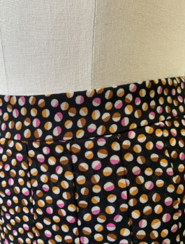 Womens, Skirt, Knee Length, ANN TAYLOR, Black, Pink, Mustard Yellow, Gray, Polyester, Abstract , Circles, W:26, Sz.0, Chiffon, Pleated, Invisible Zipper in Back