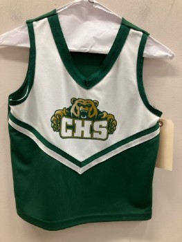 AUGUSTA, Green, White, Brown, Polyester, Graphic, Cheer Shell Top, V-N, Sleeveless, "CHS Bears" Mascot Logo,