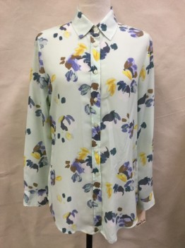 BANANA REPUBLIC, Mint Green, Lt Brown, Periwinkle Blue, Yellow, Mustard Yellow, Polyester, Abstract , Floral, Button Front, Collar Attached, Long Sleeves with Button Cuffs, Semi Sheer