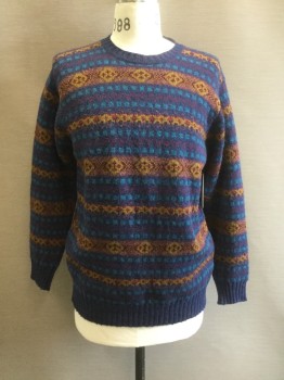 Mens, Pullover Sweater, CORDINGS, Navy Blue, Turquoise Blue, Maroon Red, Wine Red, Lt Brown, Wool, Novelty Pattern, Stripes, M, L/S, Ribbed Knit Solid Crew Neck/Cuff/Waistband