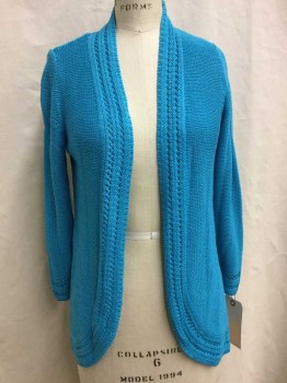 Womens, Sweater, Northern Reflections, Turquoise Blue, Acrylic, Solid, Small, Long Sleeves, Open Front, Detailed Knit Trim At Cuffs, Hem And Neck