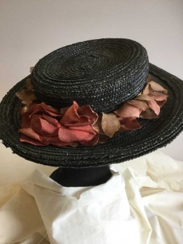 N/L, Faded Black, Red, Peach Orange, Brown, Straw, Synthetic, Basket Weave, Floral, Faded Black Straw W/faded Red/brown, Peach-orange Cut-out Flower On Crown,