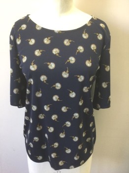 ANN TAYLOR, Navy Blue, Mustard Yellow, White, Polyester, Floral, Abstract , Navy with Mustard and White Flower Pattern, Flared 1/2 Sleeves, Round Neck,  Boxy Fit Pullover Blouse with 1 Button Closure at Center Back Neck