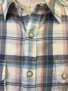 LUCKY BRAND, White, Heather Gray, Navy Blue, Orange, Baby Blue, Cotton, Heathered, Plaid, White with Heather Dark & Light Gray, Baby Blue, Orange, Navy Window Pane Plaid, Collar Attached, Cream with Silver Snap Front, Yoke at Shoulders, 2 Pockets with Flap & 1 Butto, Long Sleeves,