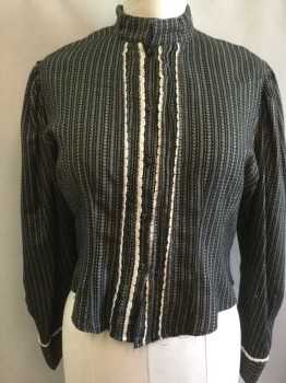 N/L, Black, Cream, Cotton, Stripes - Vertical , Stripes - Pin, Long Sleeve Button Front, Stand Collar, Cream Crochet Lace Trim, Puffy Gathered Sleeves, , Pleated Bustle Detail At Center Back Waist/Hem, Made To Order,