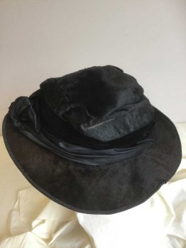 N/L, Black, Dk Brown, Beaver, Silk, Solid, Black Beaver Fur, with Black Silk Satin Band, Lined with Black Chintz Lining, Beaver Fur Is Faded and Looks Brown In Spots, ***Wire Structure In Brim Coming Undone In One Place,