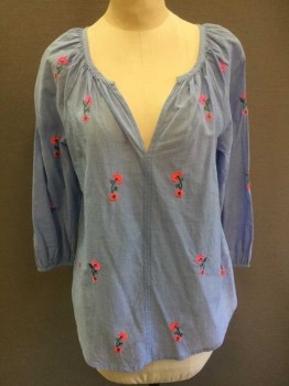 VELVET, Powder Blue, Hot Pink, Green, Cotton, Floral, Chambray with Neon Pink and Green Flower Embroidery, 3/4 Sleeve, Scoop Neck with V Notch at Center, Raglan Sleeves, Gathered at Neckline, Pullover