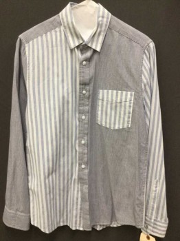 TOP MAN, Lt Blue, White, Cotton, Stripes, Patchwork, Button Front, Long Sleeves, Collar Attached, 1 Pocket, Retro 1980's
