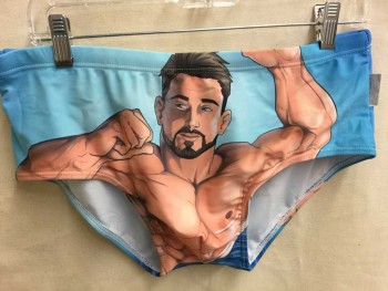 Mens, Swim Trunks, TADDLEE, Baby Blue, Tan Brown, Brown, Polyester, Spandex, Human Figure, XL, Speedo Style, Bearded Topless Man