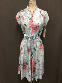 N/L, Lt Blue, Orange, Pink, Green, Navy Blue, Polyester, Floral, Short Sleeve, Button Front, Mandarin Collar, Pink Piping, Pink Buttons, Elastic Waist, Asian Inspired,  **With Self Belt