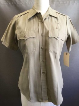 FLYING CROSS, Khaki Brown, Polyester, Rayon, Solid, Button Front, Collar Attached, Epaulets, 2 Batwing Flap Pocket,