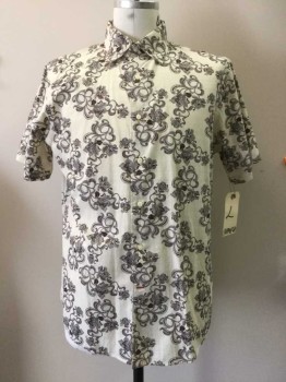 GIOBERTI, Espresso Brown, Cream, Cotton, Heathered, Floral, Button Front, Collar Attached, Short Sleeves,