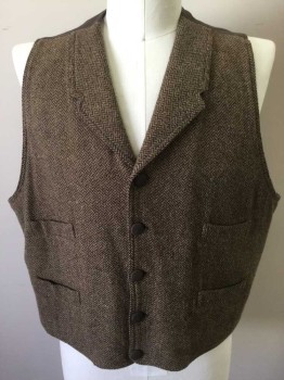 Mens, Historical Fiction Vest, FRONTIER CLASSICS, Dk Brown, Lt Brown, Wool, Cotton, Herringbone, 48, 5 Buttons, Notched Lapel, 4 Pockets, Wool Front and Dark Brown Cotton Back with Adjustable Belt