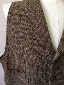 Mens, Historical Fiction Vest, FRONTIER CLASSICS, Dk Brown, Lt Brown, Wool, Cotton, Herringbone, 48, 5 Buttons, Notched Lapel, 4 Pockets, Wool Front and Dark Brown Cotton Back with Adjustable Belt