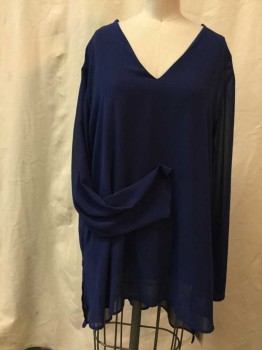 Womens, Blouse, ALFANI, Navy Blue, Synthetic, Solid, XL, V-neck, Long Sleeves,