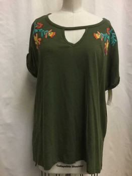 Womens, Top, A.N.A, Olive Green, Multi-color, Cotton, Polyester, Floral, S, Olive Green, Multi Color Floral Embroidery Sleeves, Round Neck with Key Hole