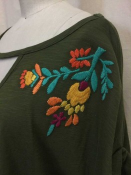 A.N.A, Olive Green, Multi-color, Cotton, Polyester, Floral, Olive Green, Multi Color Floral Embroidery Sleeves, Round Neck with Key Hole