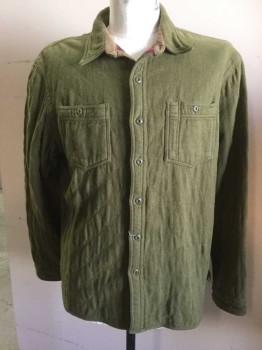 RALPH LAUREN, Olive Green, Cotton, Solid, Quilted Olive, Button Front, Collar Attached, 2 Pockets, Red/Black/Green Plaid Lining