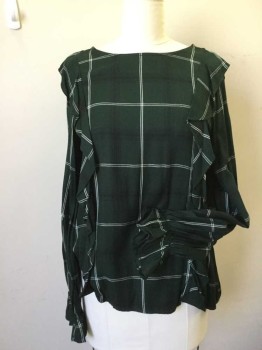 Womens, Blouse, SANCTUARY, Forest Green, White, Black, Rayon, Plaid, L, Jewel Neck, Long Sleeves, with Self Ruffled Detail at Side Front & Back, Elasticated Cuffs with Self Ruffle