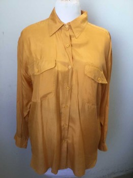 SURPRISE, Orange, Silk, Solid, Long Sleeves, Button Front, Collar Attached, 2 Flap Pockets with Button Closure, Oversized