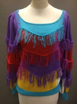 Womens, Pullover, HELFTS, Turquoise Blue, Red, Purple, Magenta Purple, Gold, Acrylic, Nylon, Stripes - Horizontal , M, Multicolor Horizontal Stripes, Fringe Detail, Long Sleeves, Wide Neck, Pull Over
