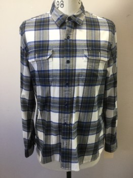 LEVI'S, Olive Green, Royal Blue, White, Cotton, Plaid, Button Front, Long Sleeves, Collar Attached, 2 Flap Pocket,