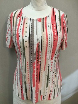 Womens, Top, JM COLLECTION, Multi-color, Salmon Pink, White, Gray, Peachy Pink, Polyester, Spandex, Geometric, XL, Salmon/White/Peach/Gray/Olive/Black Abstract Lines, Circles, Shapes Pattern, Raised Swirled Lines Texture, Short Sleeve, Scoop Neck, Pullover