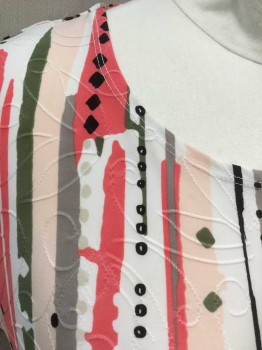 JM COLLECTION, Multi-color, Salmon Pink, White, Gray, Peachy Pink, Polyester, Spandex, Geometric, Salmon/White/Peach/Gray/Olive/Black Abstract Lines, Circles, Shapes Pattern, Raised Swirled Lines Texture, Short Sleeve, Scoop Neck, Pullover