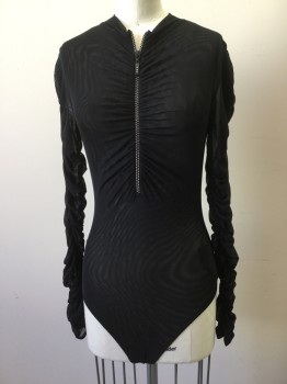 Womens, Top, GUESS, Black, Polyester, Lycra, Solid, S, Sheer Mesh Knit Club Top. Body Lower, Rushed Long Sleeves, Rhinestone Trimmed Black Zipper Placet Front