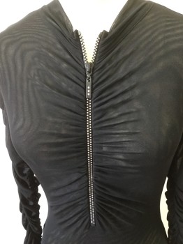 GUESS, Black, Polyester, Lycra, Solid, Sheer Mesh Knit Club Top. Body Lower, Rushed Long Sleeves, Rhinestone Trimmed Black Zipper Placet Front