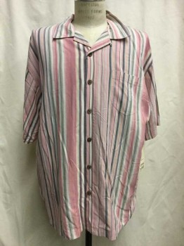 TOMMY BAHAMA , Pink, Taupe, Gray, Navy Blue, Red, Silk, Stripes, Pink/ Taupe/ Gray/ Navy/ Red Stripes, Button Front, Collar Attached, Short Sleeves,