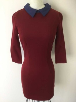 Womens, Dress, Long & 3/4 Sleeve, COOPERATIVE, Maroon Red, Navy Blue, Rayon, Nylon, Solid, XS, Long Sleeves, Navy Collar Attached, Keyhole Center Back, Short