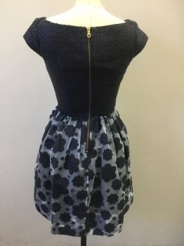 Womens, Cocktail Dress, ORLA KIELY, Slate Gray, Lt Gray, Cotton, Polyester, Solid, Floral, 4, Slate Gray Geometric Textured Bodice, Cap Sleeves Bateau/Boat Neck, Skirt is Light Gray Organza with Slate Gray Novelty Flower Pattern, Over Opaque Gray Under Layer, Gathered at Waist, Hem Just Above Knee