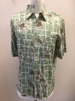 CAMPIA MODA, Sage Green, Taupe, Off White, Rayon, Tropical , Geometric, Sage with Off White and Dark Sage Crosshatched Pattern, Taupe Tropical Leaves, Short Sleeve Button Front, Collar Attached, 1 Patch Pocket with Button Closure