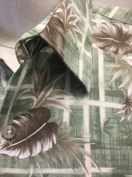 CAMPIA MODA, Sage Green, Taupe, Off White, Rayon, Tropical , Geometric, Sage with Off White and Dark Sage Crosshatched Pattern, Taupe Tropical Leaves, Short Sleeve Button Front, Collar Attached, 1 Patch Pocket with Button Closure