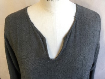 Womens, Historical Fiction Dress, N/L (MTO), Gray, Cotton, Polyester, Solid, 42, (AGED)  Grayish-green, Round Neck with Split, Long Sleeves, Pullover, Floor Length with Frayed Hem