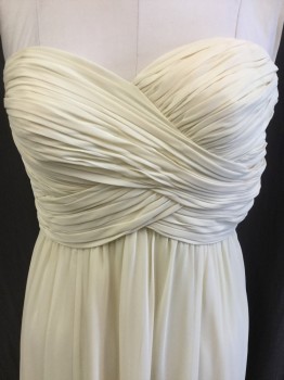 LAUREN, Lt Yellow, Polyester, Solid, Strapless, Pale Slate Yellow, Gathered Pleat Criss-cross Detail Work Top Front and Gathered Horizontal Back, Gathered Skirt, Side Zip