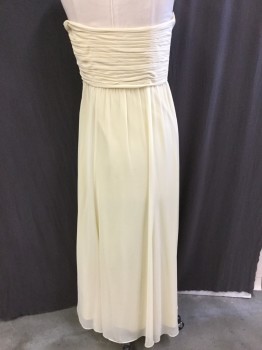 LAUREN, Lt Yellow, Polyester, Solid, Strapless, Pale Slate Yellow, Gathered Pleat Criss-cross Detail Work Top Front and Gathered Horizontal Back, Gathered Skirt, Side Zip
