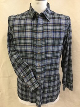 CARROL & CO, Heather Gray, Blue, White, Wine Red, Wool, Plaid, Collar Attached, Button Front,  1 Pocket, Long Sleeves,