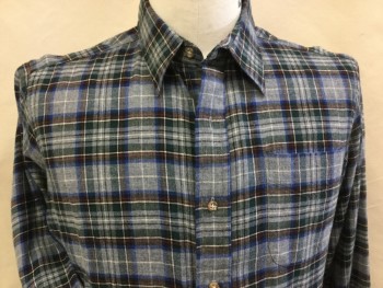 CARROL & CO, Heather Gray, Blue, White, Wine Red, Wool, Plaid, Collar Attached, Button Front,  1 Pocket, Long Sleeves,