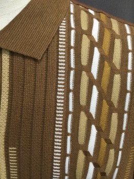 MICHAEL IRVINE, Brown, White, Lt Brown, Beige, Rayon, Acrylic, Novelty Pattern, Made to Look Retro, Patterned Stripe Knit Front, Button Front, Collar Attached, Short Sleeves, 
* Retro 1990's*