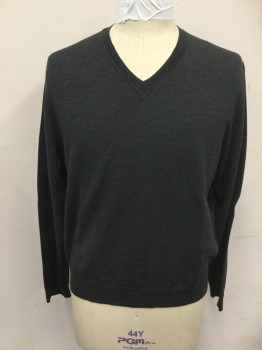 BLOOMINGDALE'S, Charcoal Gray, Wool, Solid, V-neck, Long Sleeves, Ribbed Knit Neck/Waistband/Cuff