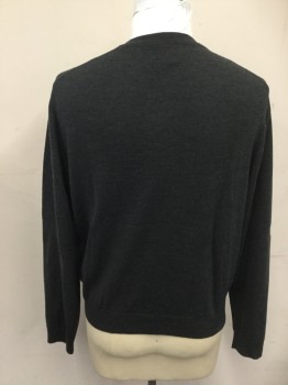 Mens, Pullover Sweater, BLOOMINGDALE'S, Charcoal Gray, Wool, Solid, XXL, V-neck, Long Sleeves, Ribbed Knit Neck/Waistband/Cuff
