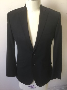 RICHARD JAMES, Black, Wool, Lycra, Solid, Single Breasted, Notched Lapel, 2 Buttons, 3 Pockets, Solid Dark Navy Satin Lining