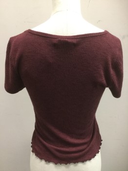 ABERCROMBIE & FITCH, Maroon Red, Viscose, Polyester, Short Sleeves, Rib Knit, Square Neckline with Bow, Lettuce Leaf Hem