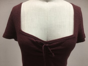 Womens, Top, ABERCROMBIE & FITCH, Maroon Red, Viscose, Polyester, S, Short Sleeves, Rib Knit, Square Neckline with Bow, Lettuce Leaf Hem