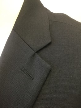 CALVIN KLEIN, Black, Wool, Solid, Single Breasted, Notched Lapel, 2 Buttons, 3 Pockets, Black Lining
