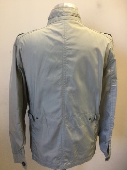 Mens, Casual Jacket, ALFRED SUNG, Lt Gray, Polyester, Solid, Medium, Zip Front with Snap Placket, Camp Pockets, Epaulets, Stand Collar with Knit Lining